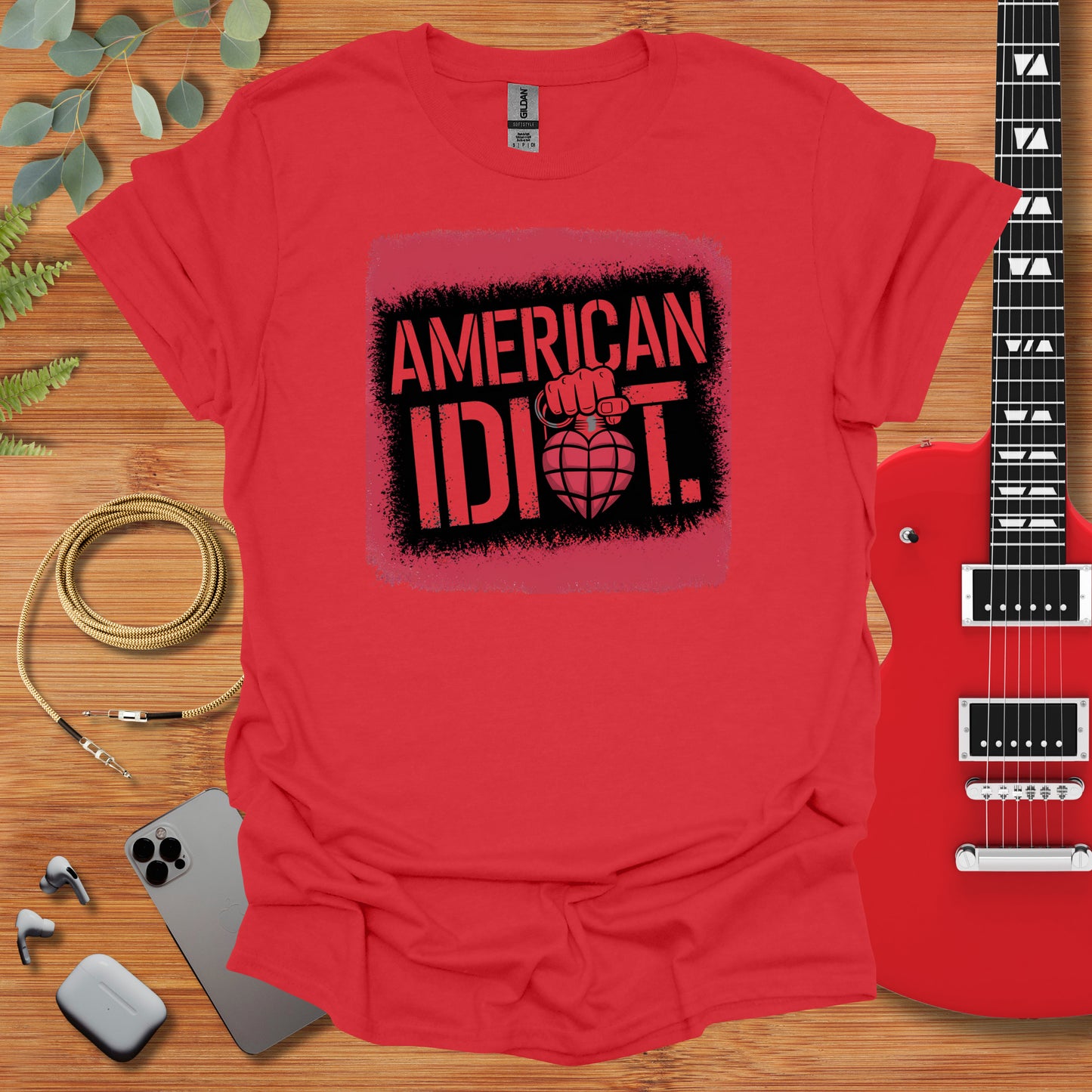 a red shirt with the words american idiot on it