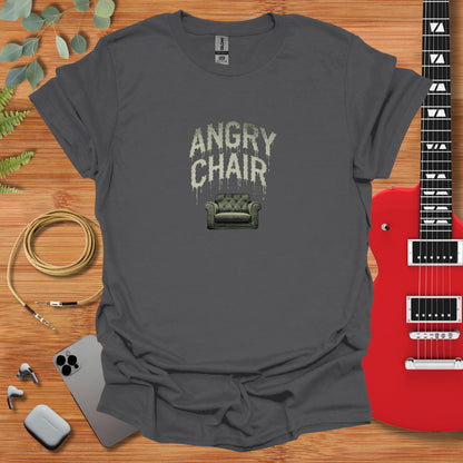 a grey t - shirt with an angry chair on it