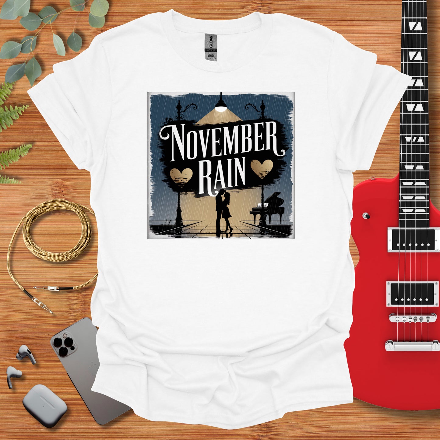 a white t - shirt with the words november rain on it