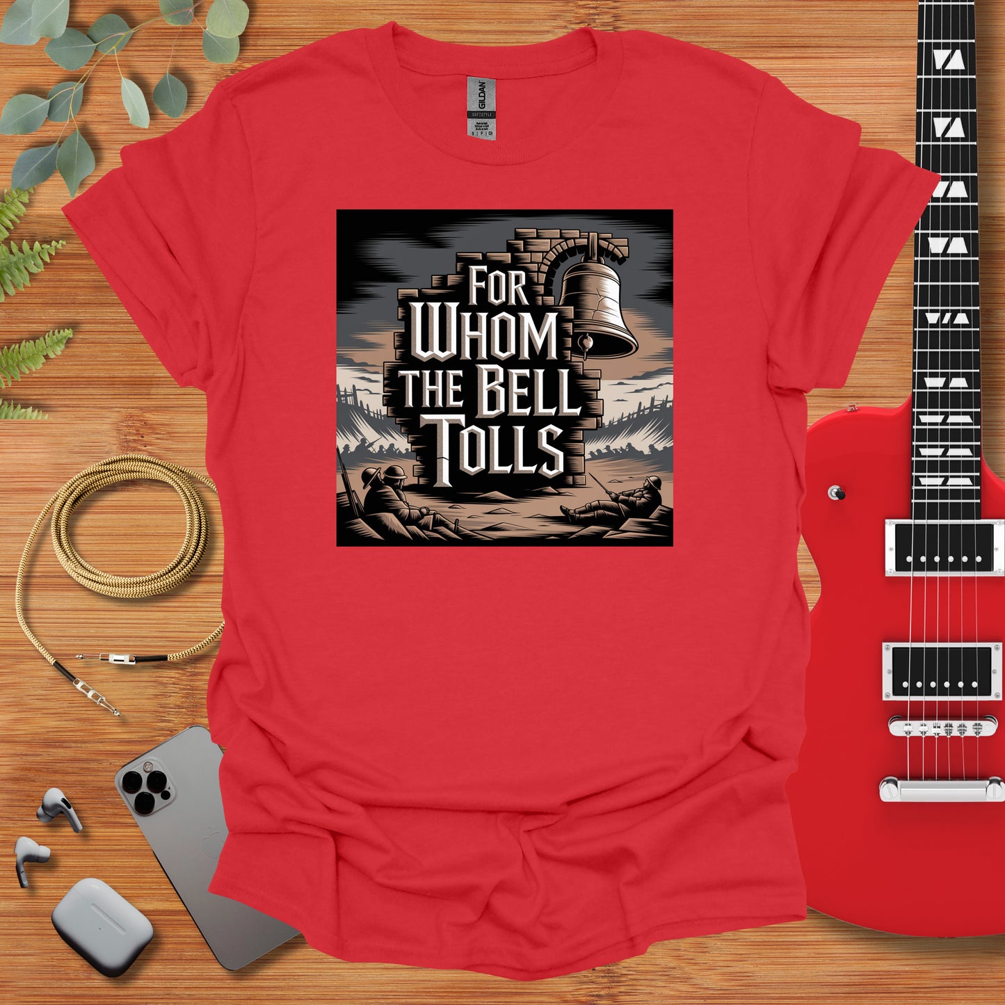 a red t - shirt with the words for whom the bell tolls on it