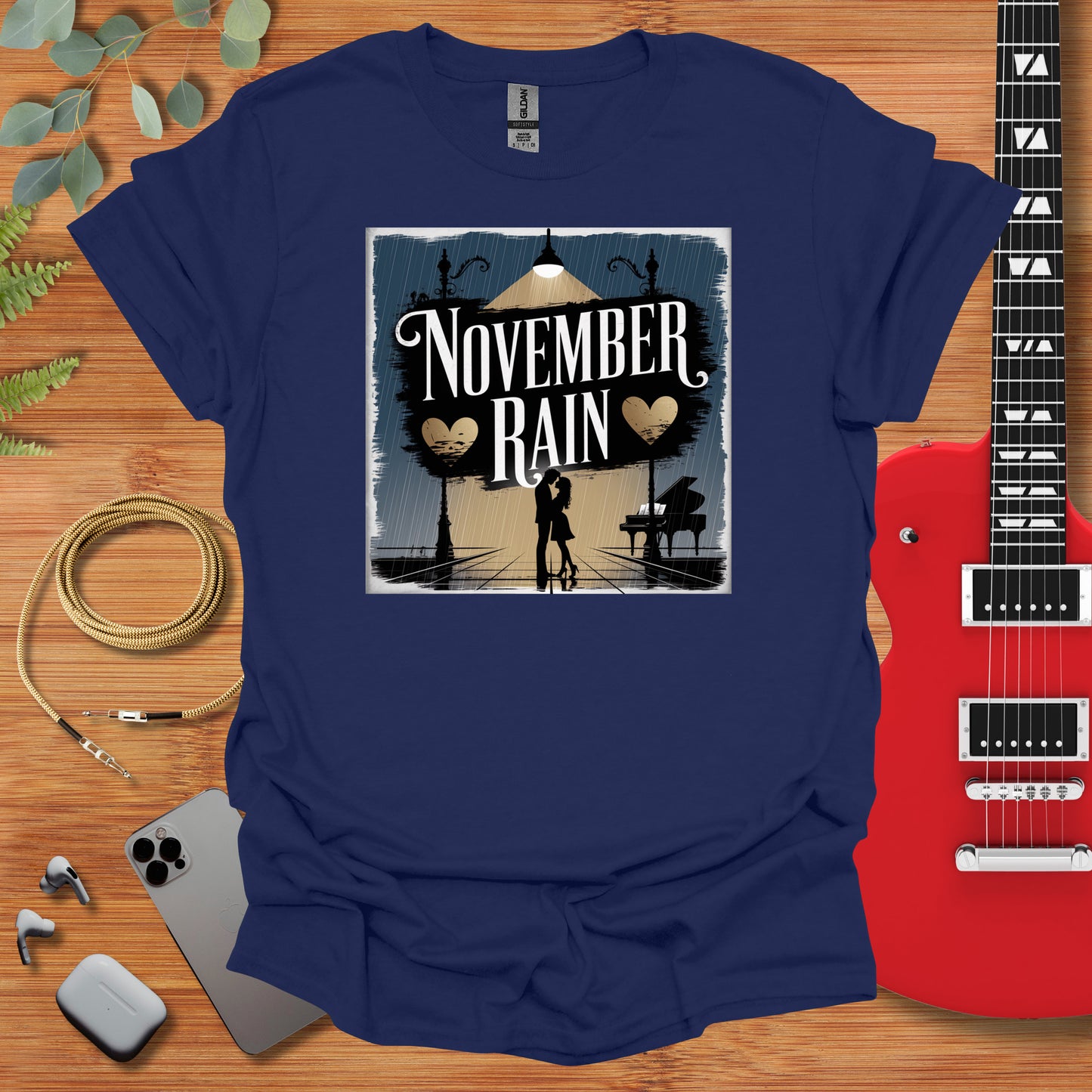 a t - shirt with a picture of a person holding a guitar