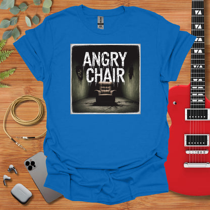 a blue shirt with an image of a chair and a guitar