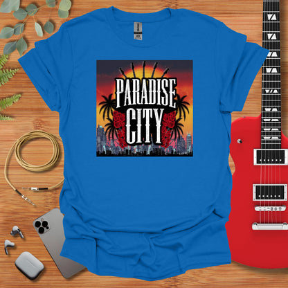 a blue t - shirt with the words paradise city on it