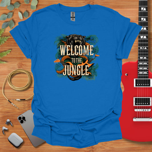 a blue t - shirt with the words welcome to the jungle on it