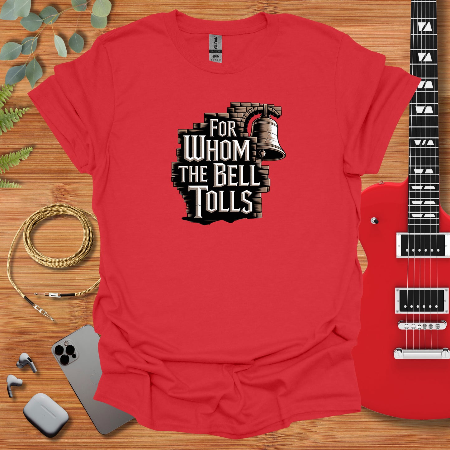 a red t - shirt with the words for whom the bell tolls on it