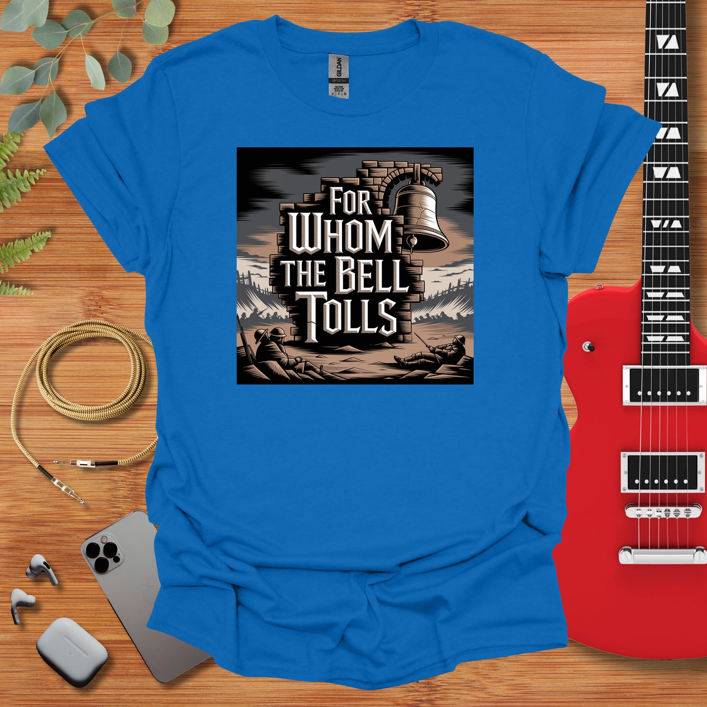 a blue t - shirt with the words for whom the bell tolls on it