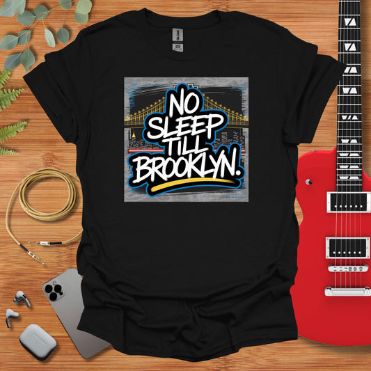 a black t - shirt with the words no sleep till brooklyn on it