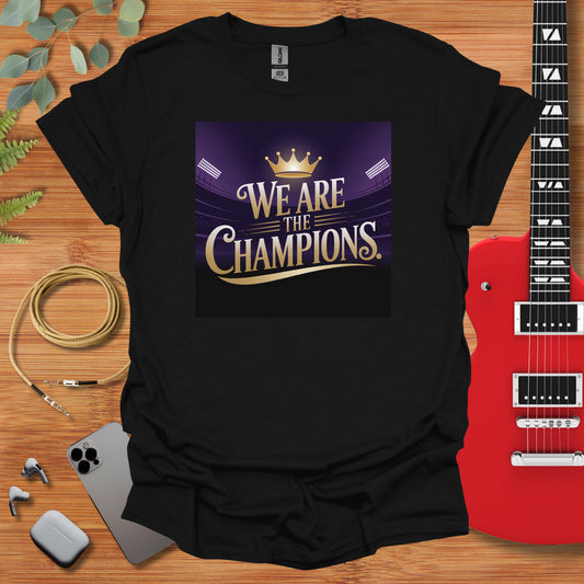 a t - shirt that says we are the champs with a guitar next to it