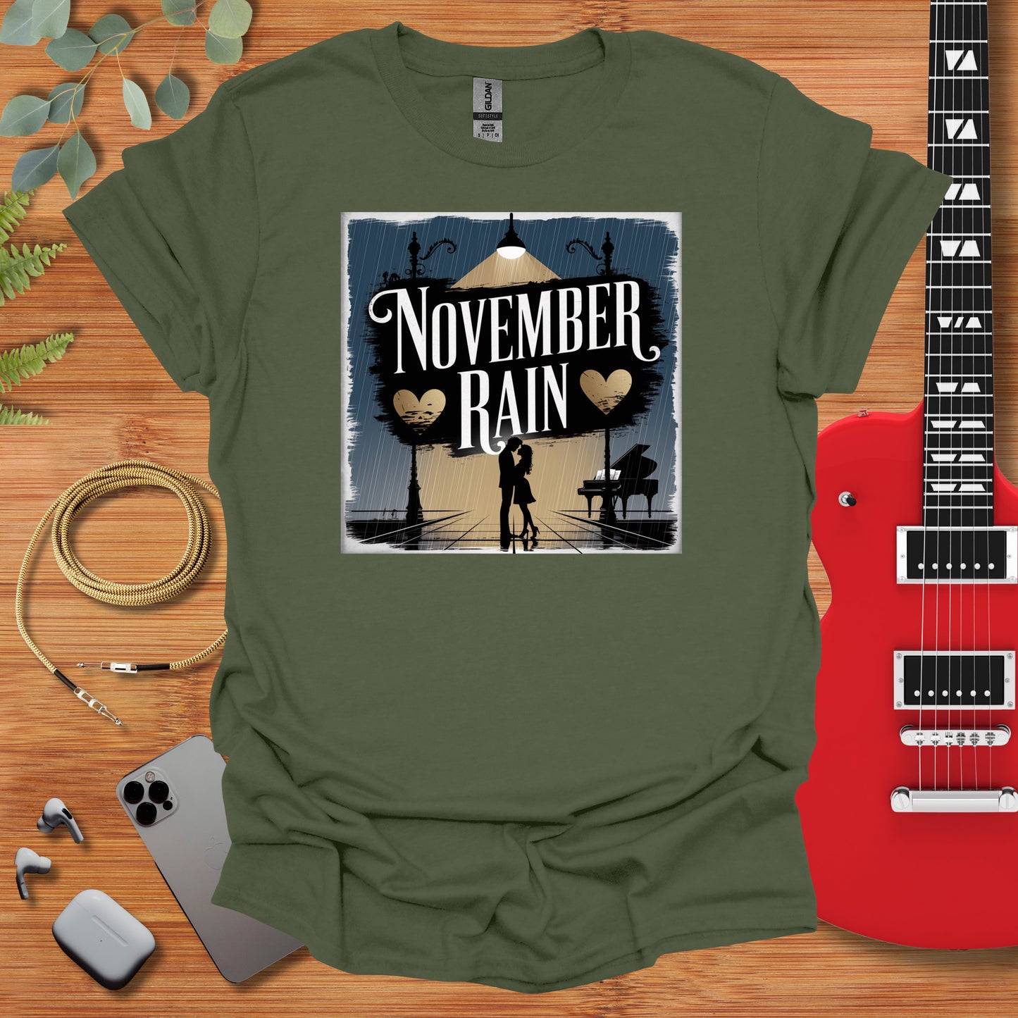 a t - shirt with a picture of a person holding a guitar