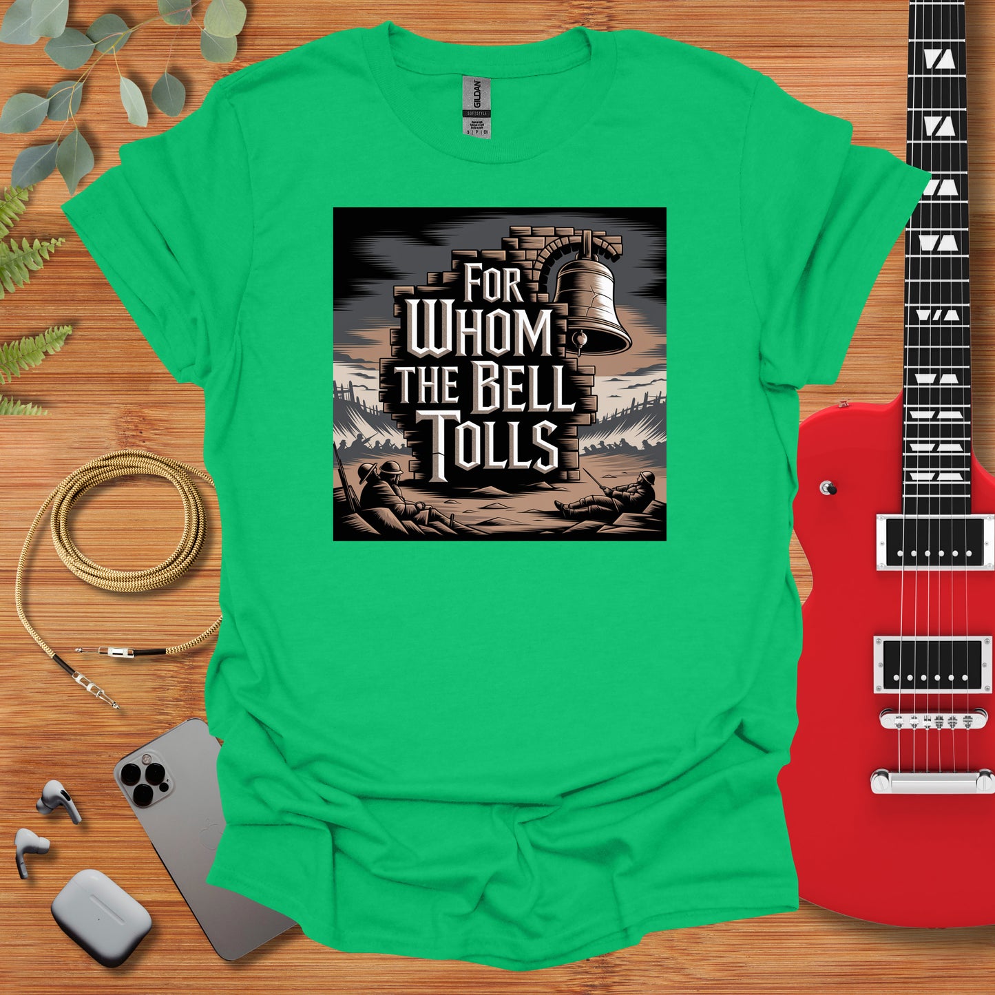 a green t - shirt with the words for whom the bell tolls on it