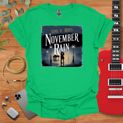 a green shirt with a picture of a man holding a guitar