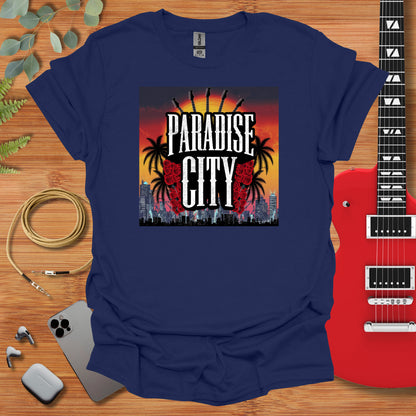 a t - shirt with the phrase paradise city on it