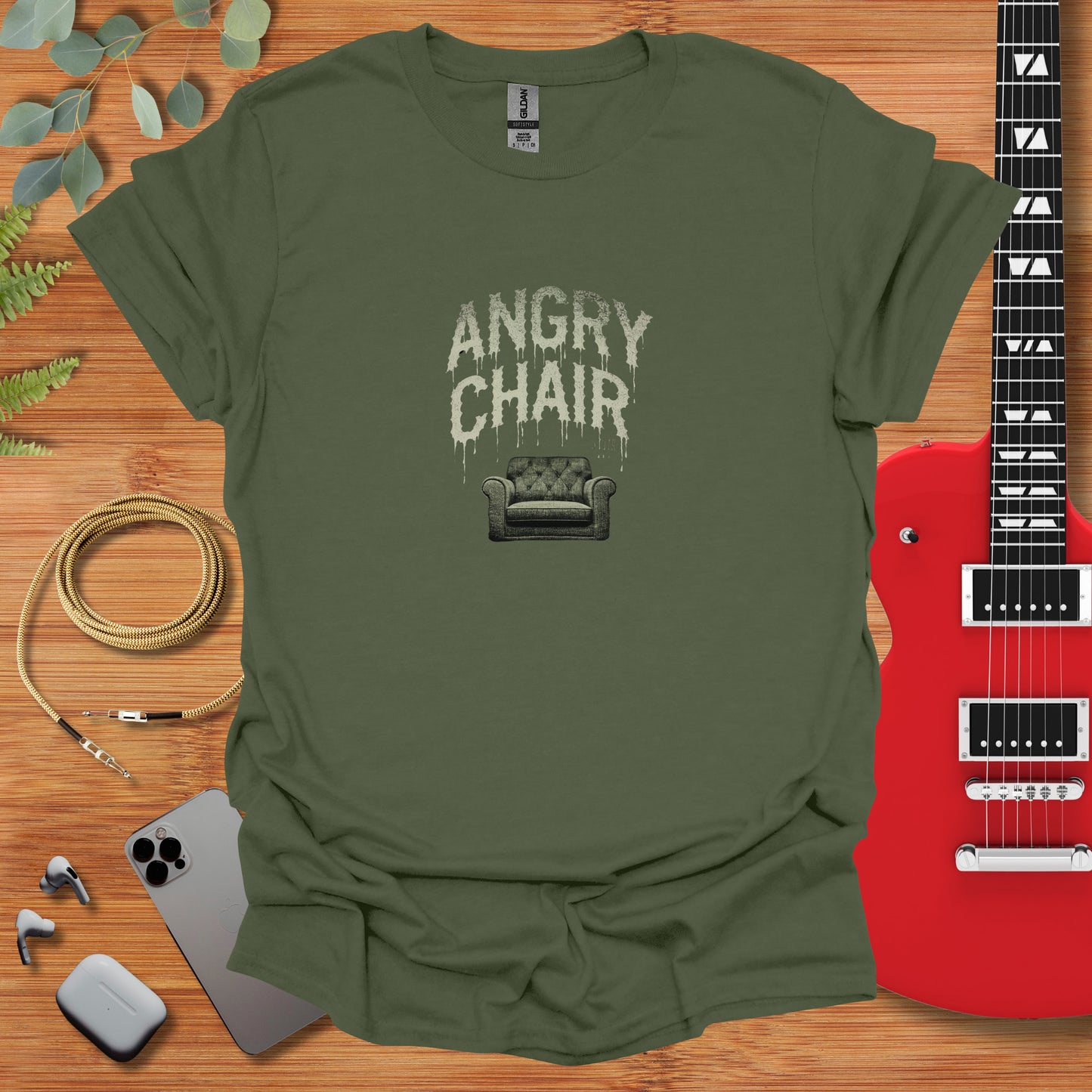 a green t - shirt with the words angry chair on it