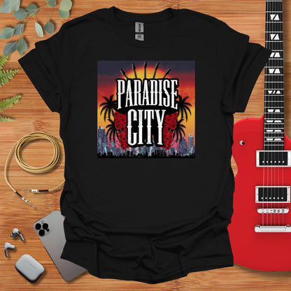 a t - shirt with the phrase paradise city on it