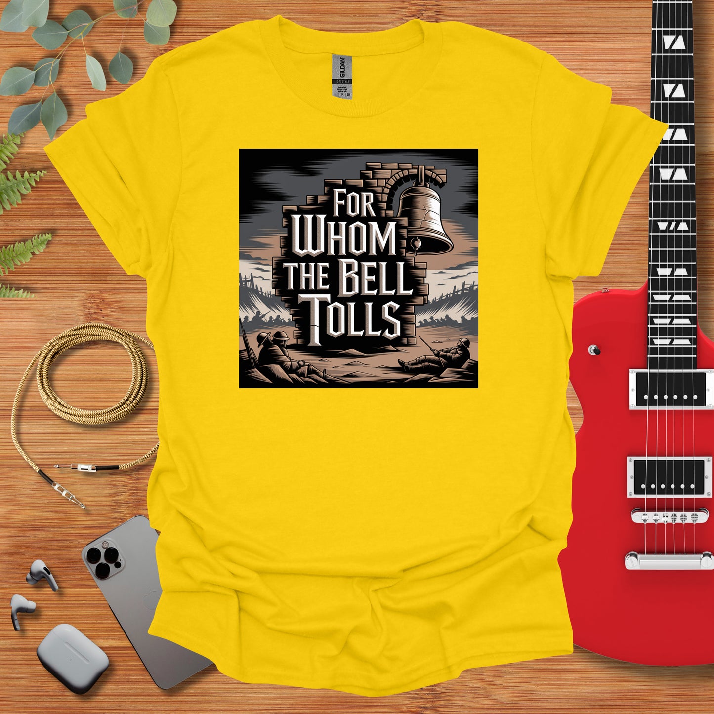 a yellow t - shirt with the words for whom the bell tolls on it