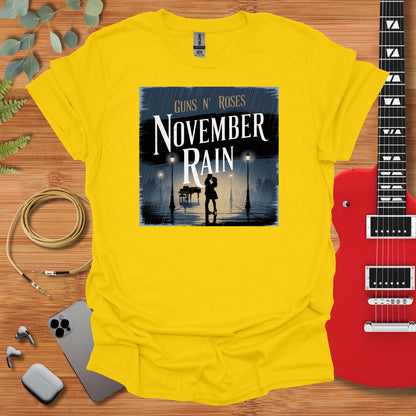 a yellow shirt with a picture of a man holding a guitar